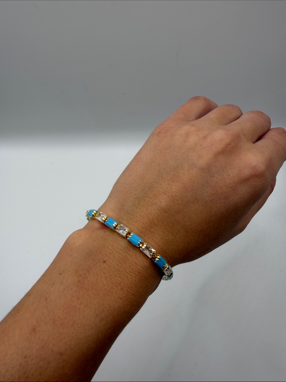115. 18k Gold Plated Triple A CZ Turquoise Crystal Bracelet 7”